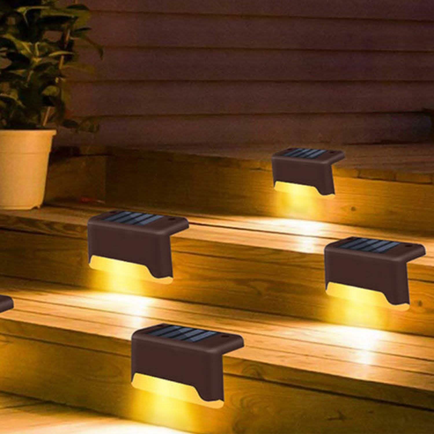 4-Piece: Solar Powered LED Step Lights Brown Warm White Outdoor Lighting - Tophatter Daily Deals