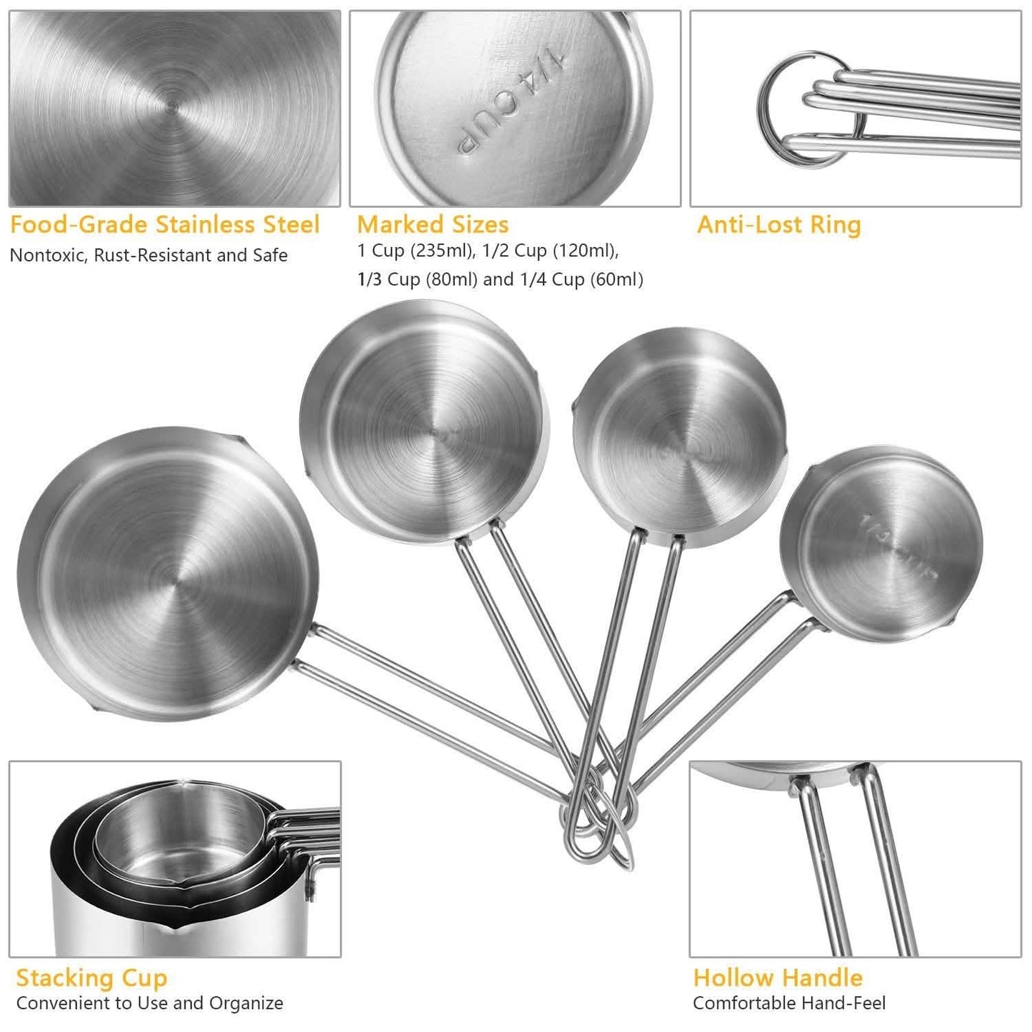 4-Piece: Stainless Steel Measuring Cups Stackable Kitchen Spoons Set Kitchen Tools & Gadgets - Tophatter Daily Deals