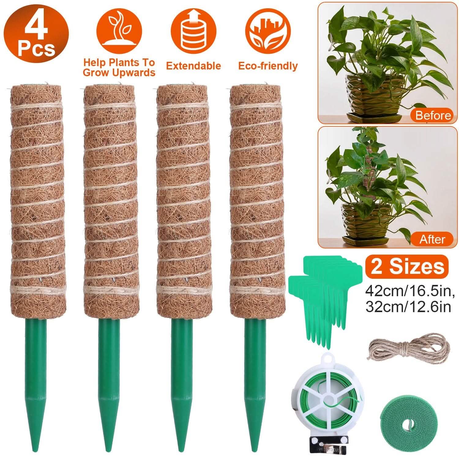 4-Pieces: Coco Coir Extendable Moss Pole for Climbing Plants Garden & Patio - Tophatter Daily Deals