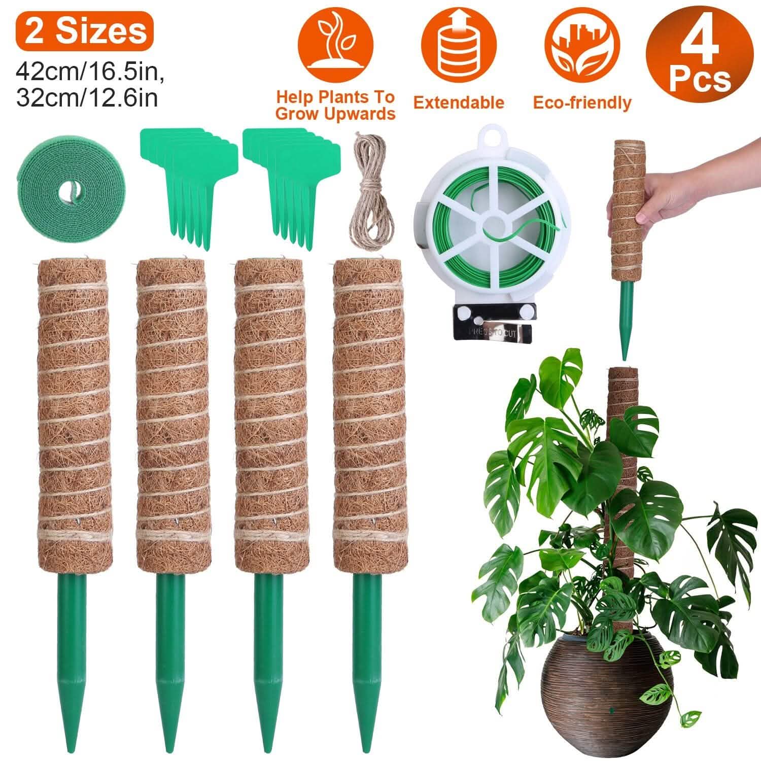 4-Pieces: Coco Coir Extendable Moss Pole for Climbing Plants Garden & Patio - Tophatter Daily Deals