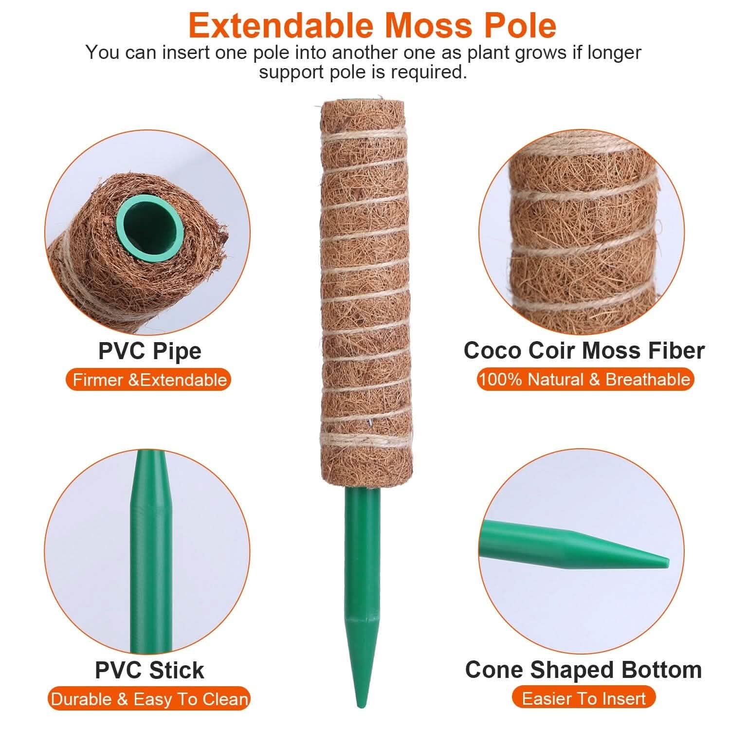 4-Pieces: Coco Coir Extendable Moss Pole for Climbing Plants Garden & Patio - Tophatter Daily Deals