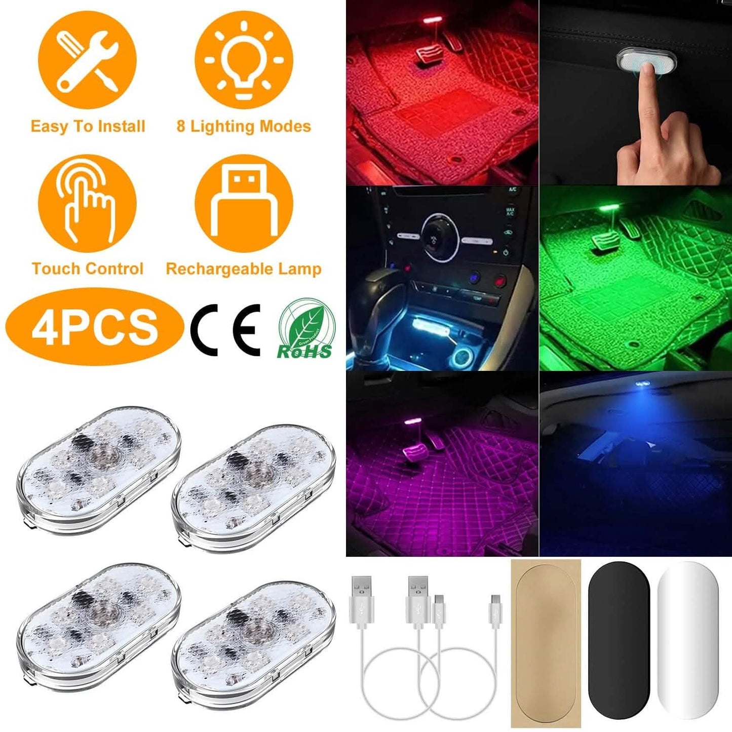 4-Pieces: Cordless Car Interior Light USB Rechargeable Automotive - Tophatter Daily Deals