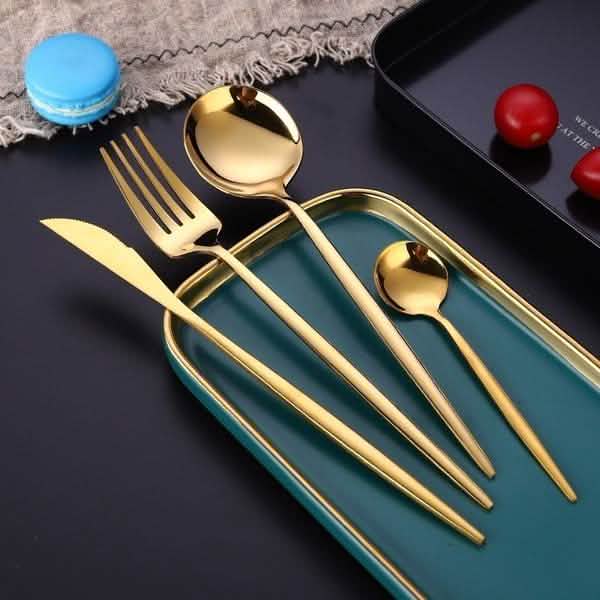 4-Pieces: Mirror Polish Dinnerware Set Stainless Steel Cutlery Set Flat Tableware Gold Wine & Dining - Tophatter Daily Deals