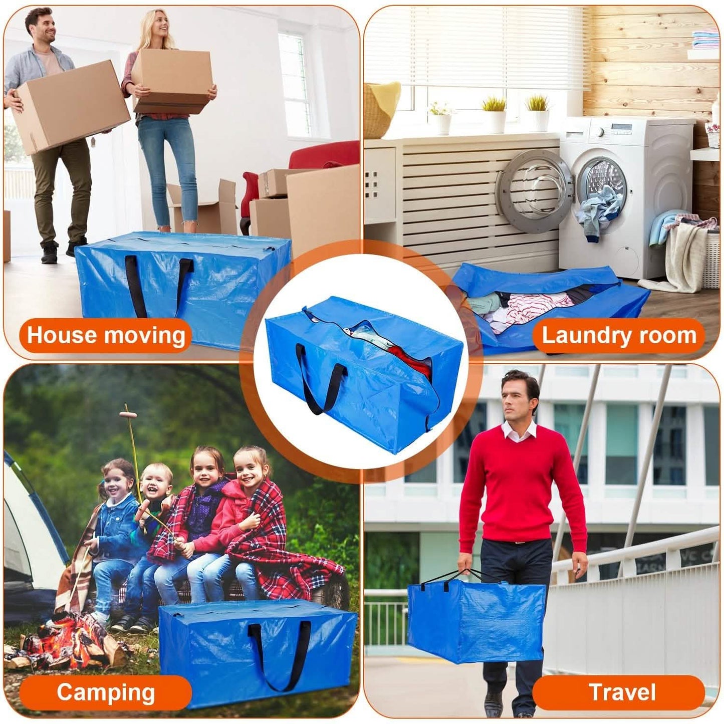 4-Pieces: Reusable Plastic Totes Blue Moving Bin Zippered Storage Bag Storage & Organization - Tophatter Daily Deals