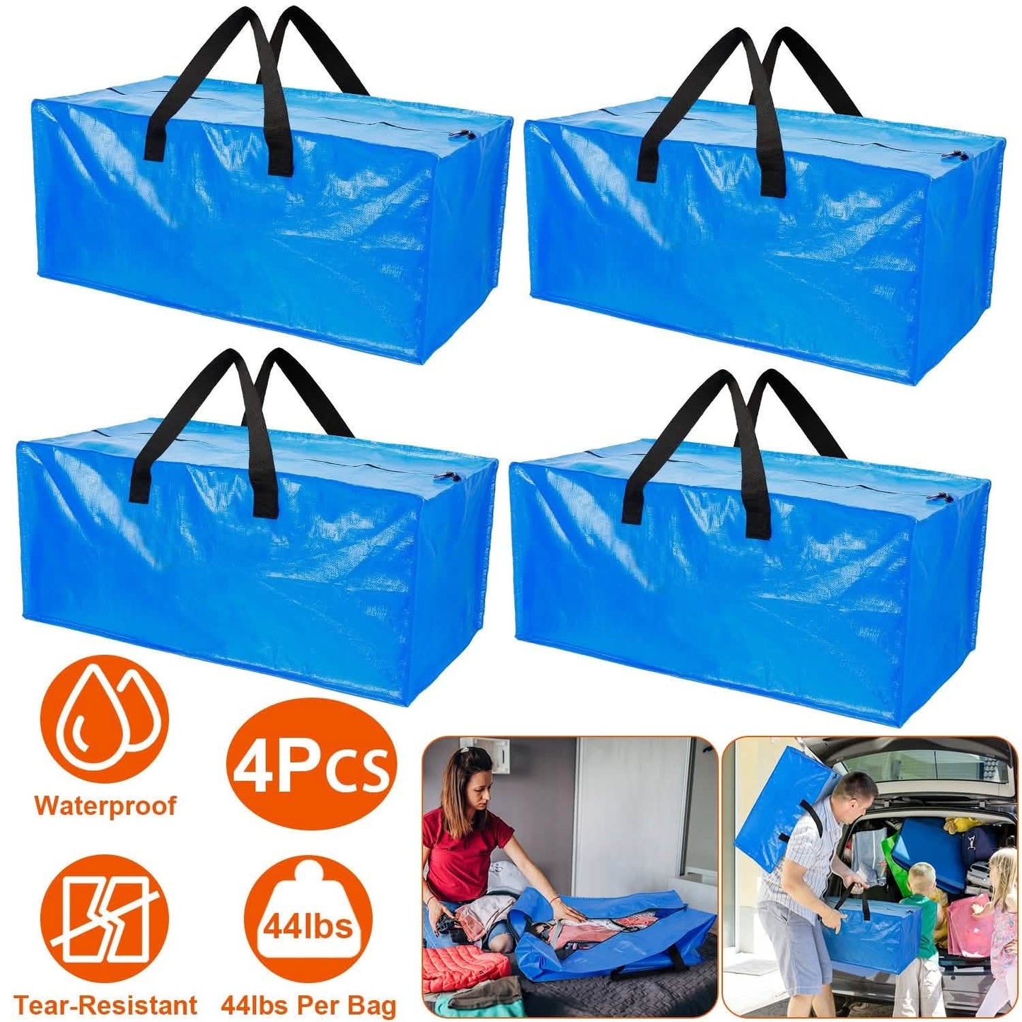 4-Pieces: Reusable Plastic Totes Blue Moving Bin Zippered Storage Bag Storage & Organization - Tophatter Daily Deals