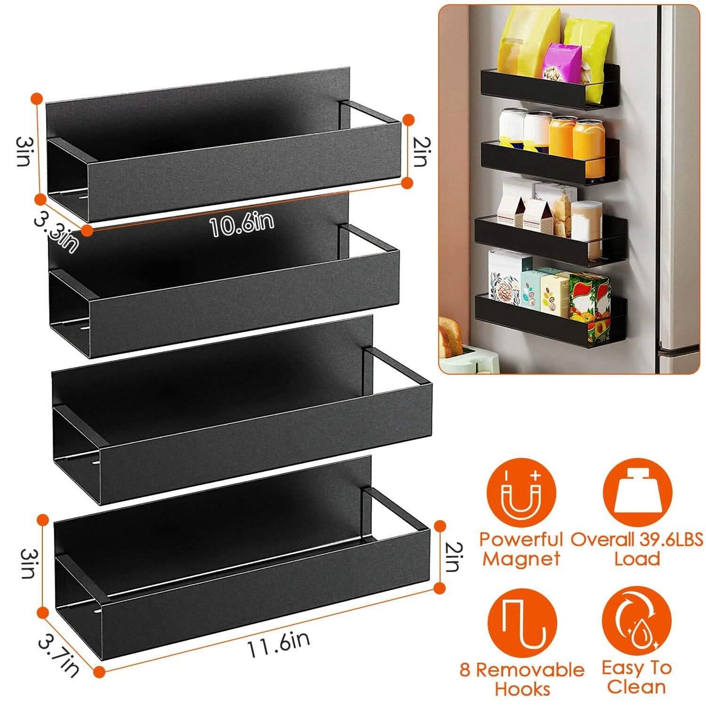 4-Pieces: Spice Rack Strong Magnetic Seasoning Storage Shelf with 8 Removable Hooks Kitchen Storage - Tophatter Daily Deals