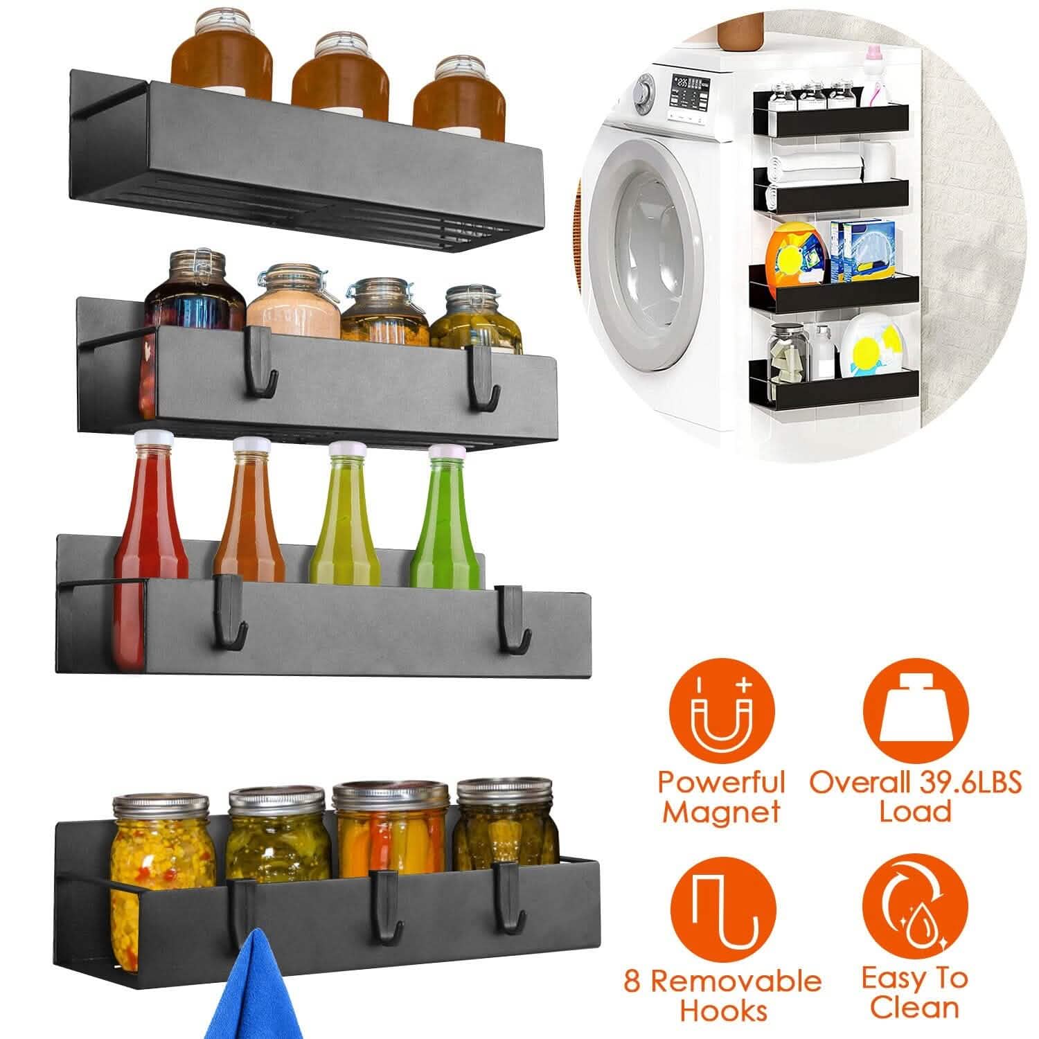 4-Pieces: Spice Rack Strong Magnetic Seasoning Storage Shelf with 8 Removable Hooks Kitchen Storage - Tophatter Daily Deals