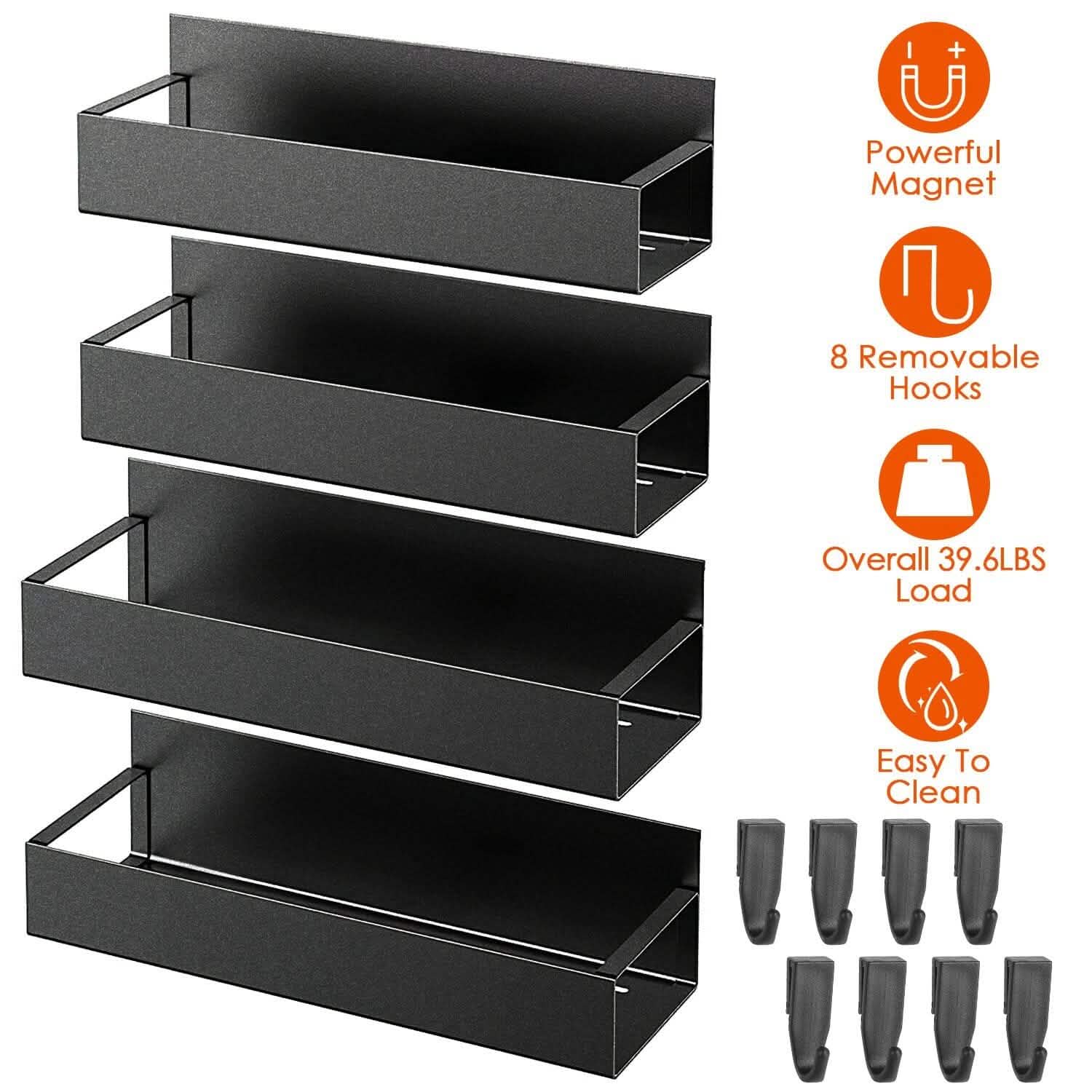 4-Pieces: Spice Rack Strong Magnetic Seasoning Storage Shelf with 8 Removable Hooks Kitchen Storage - Tophatter Daily Deals
