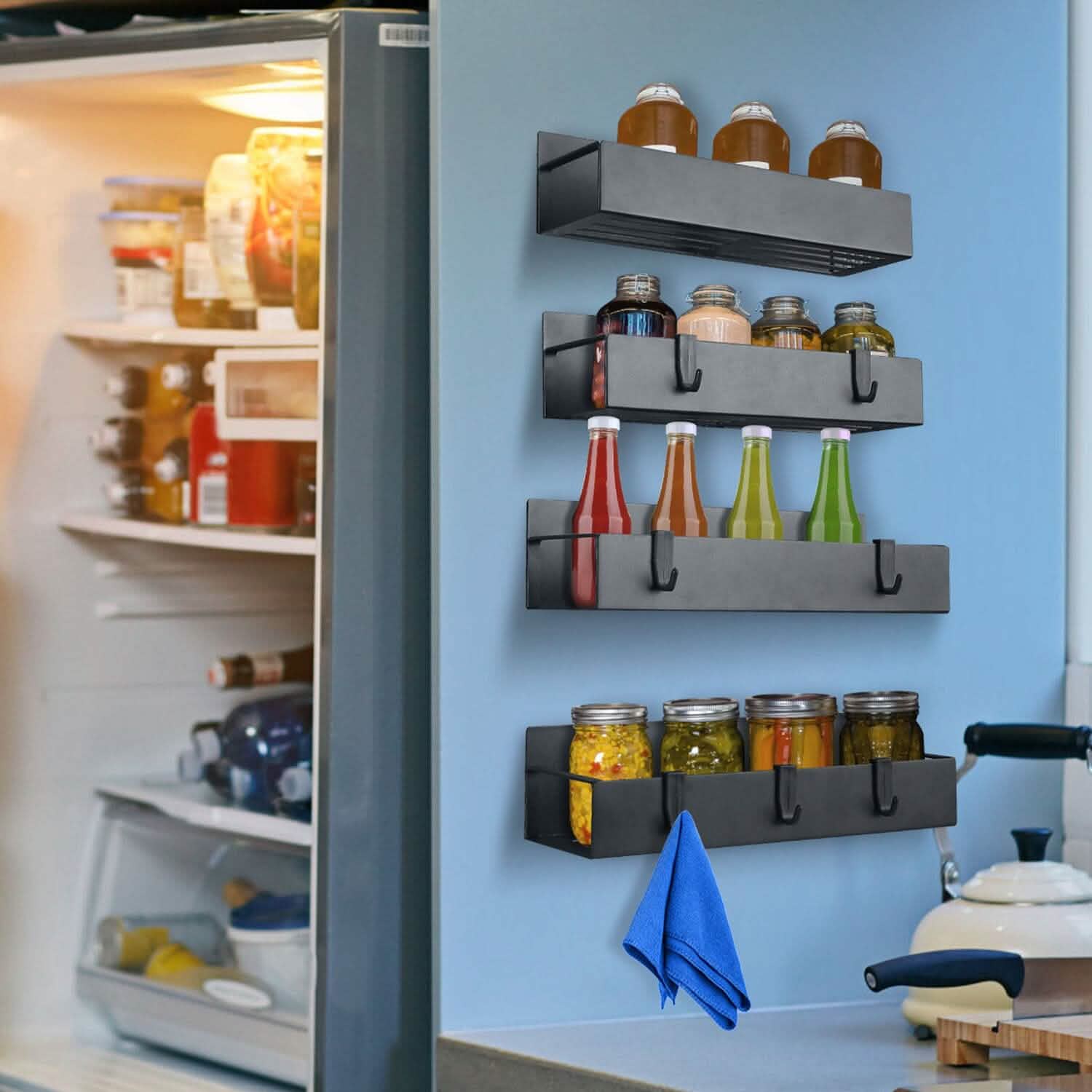 4-Pieces: Spice Rack Strong Magnetic Seasoning Storage Shelf with 8 Removable Hooks Kitchen Storage - Tophatter Daily Deals