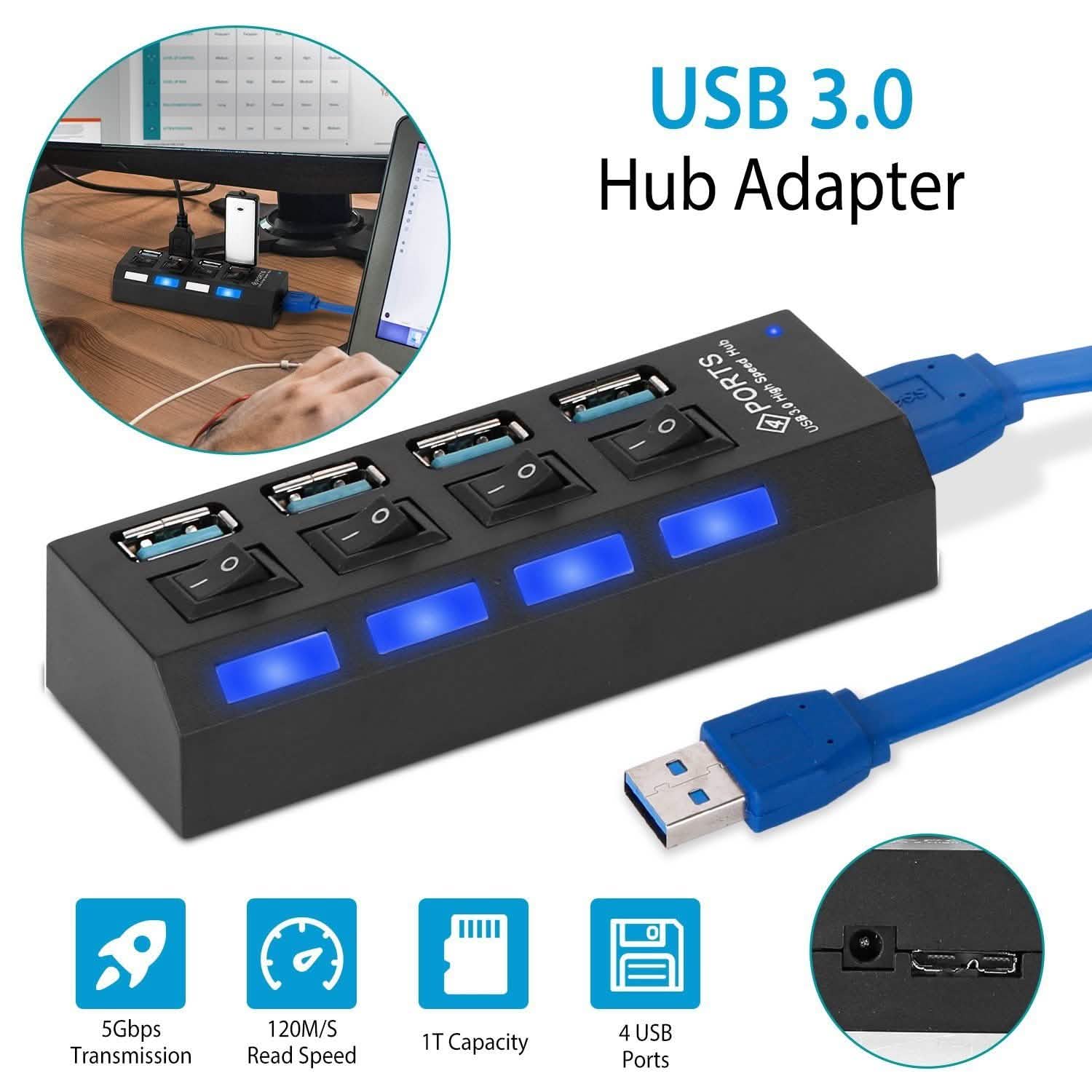 4 Port USB 3.0 Hub High Speed Adapter Computer Accessories - Tophatter Daily Deals
