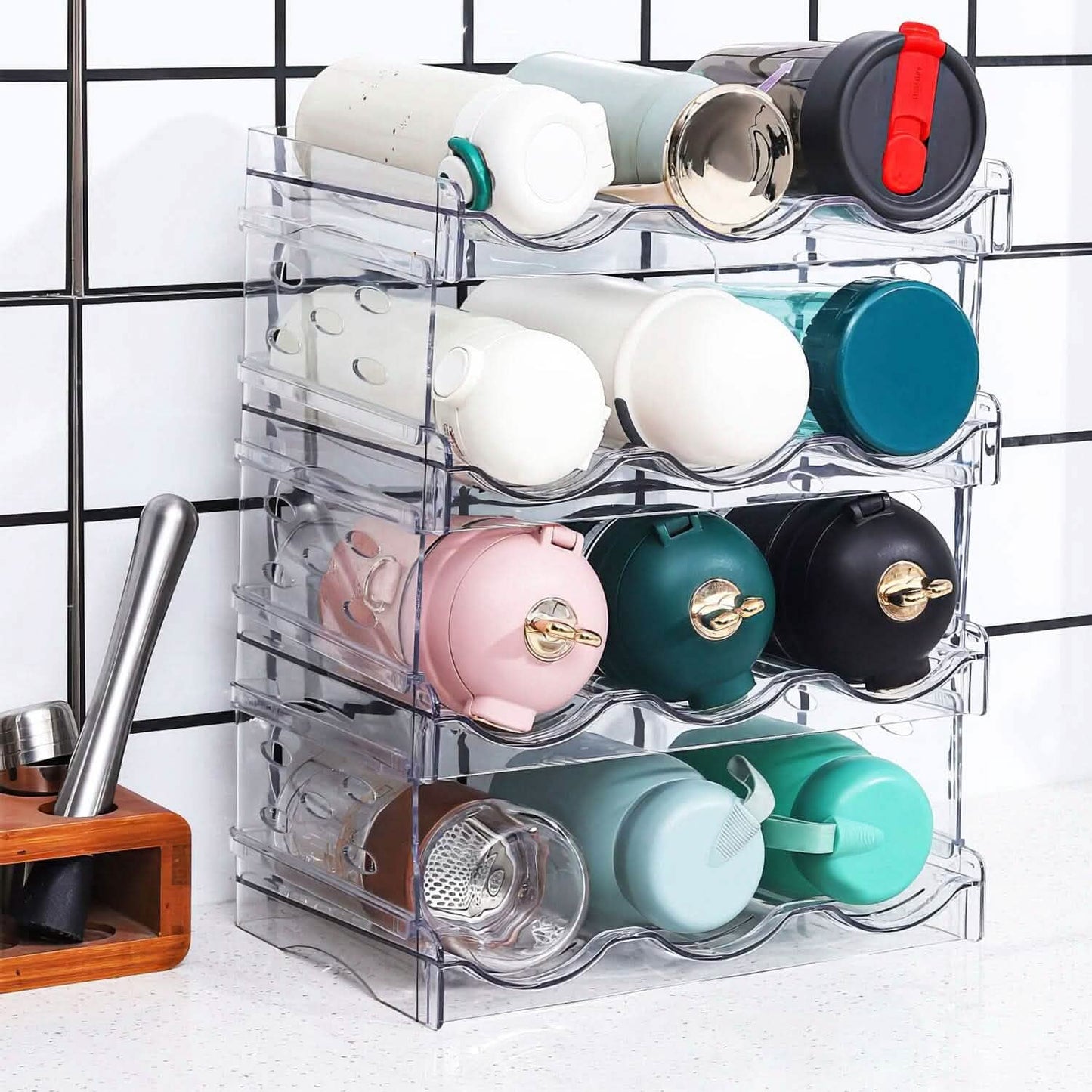 4-Tier Bottle Storage 12 Bottles Transparent Stackable Organizer Holder Shelf Kitchen Storage - Tophatter Daily Deals