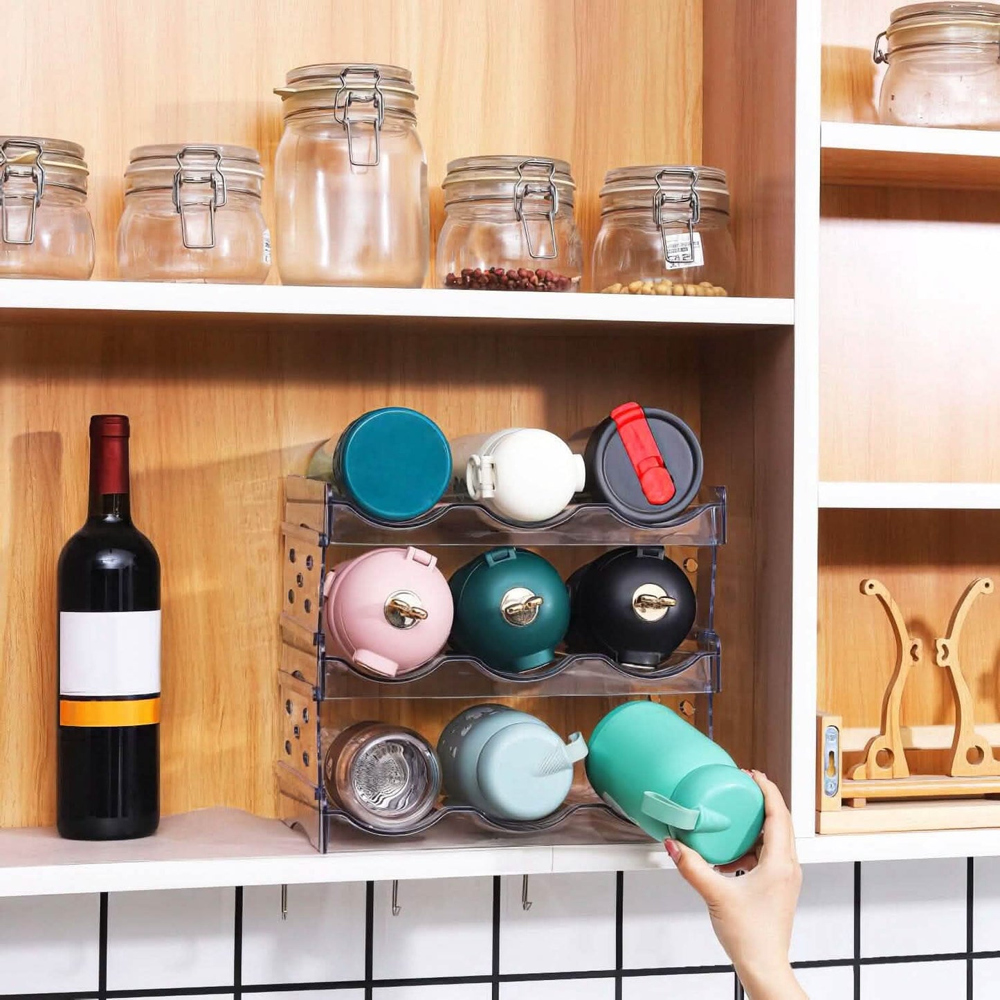 4-Tier Bottle Storage 12 Bottles Transparent Stackable Organizer Holder Shelf Kitchen Storage - Tophatter Daily Deals