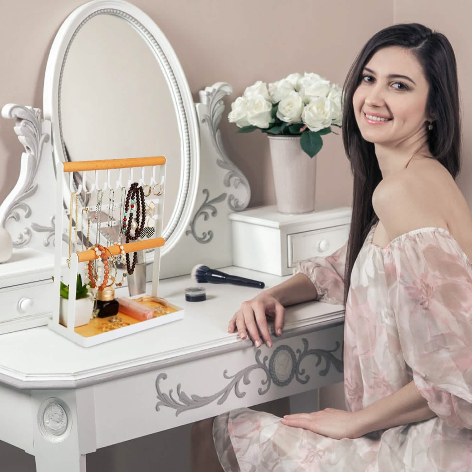 4-Tier Tabletop Wooden Jewelry Display Stand Storage & Organization - Tophatter Daily Deals