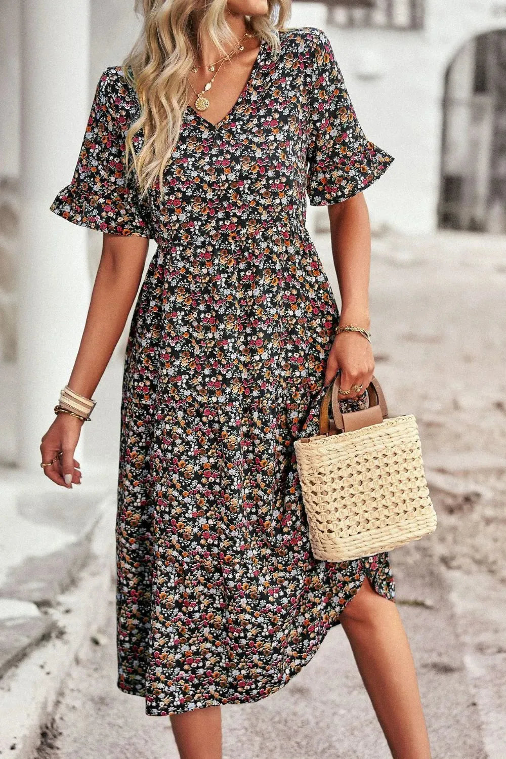 Floral V-Neck Flounce Sleeve Midi Dress Black Casual Dresses - Tophatter Daily Deals
