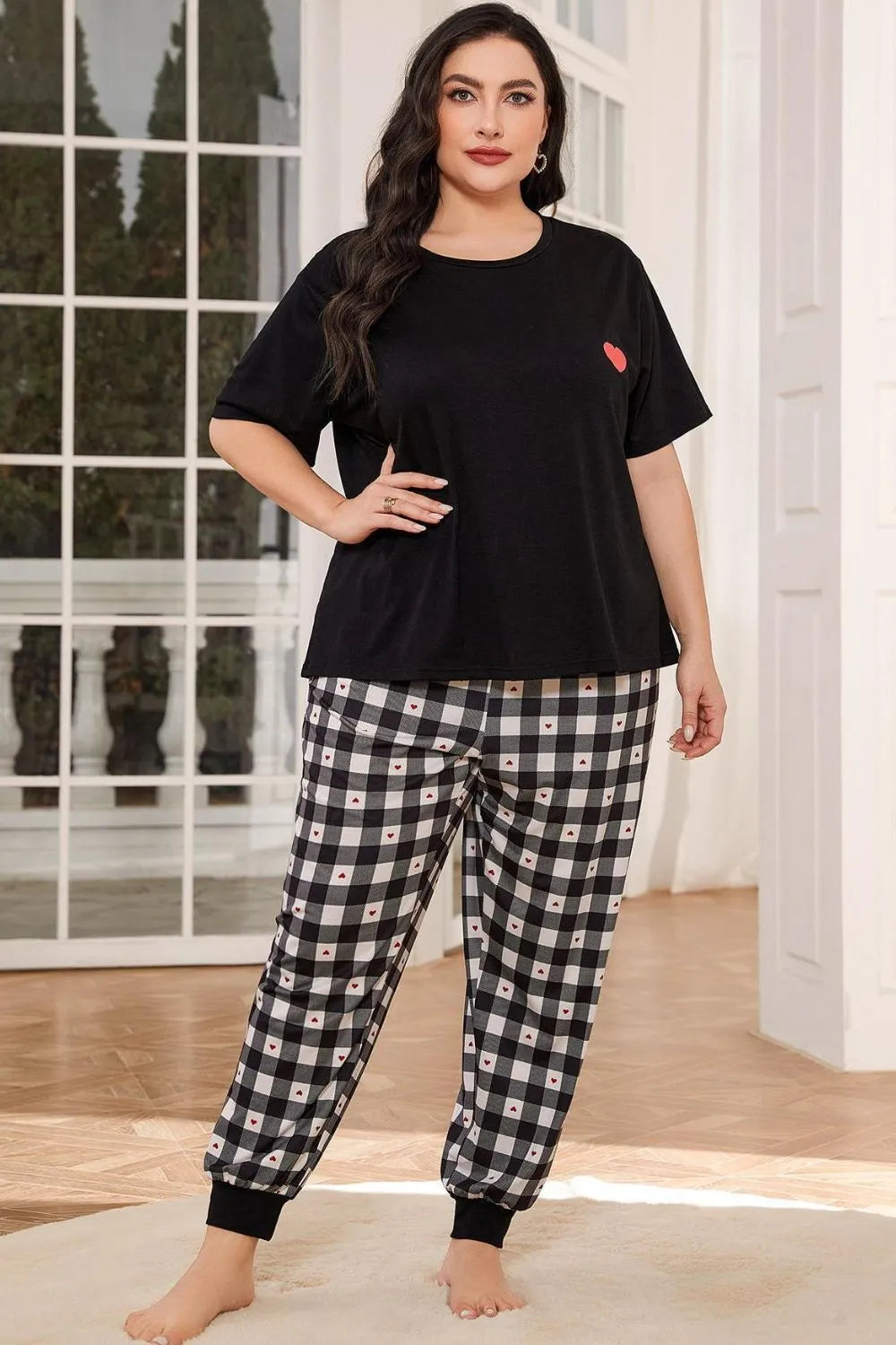 Plus Size Round Neck Short Sleeve Two-Piece Lounge Set Black Loungewear Sets - Tophatter Daily Deals