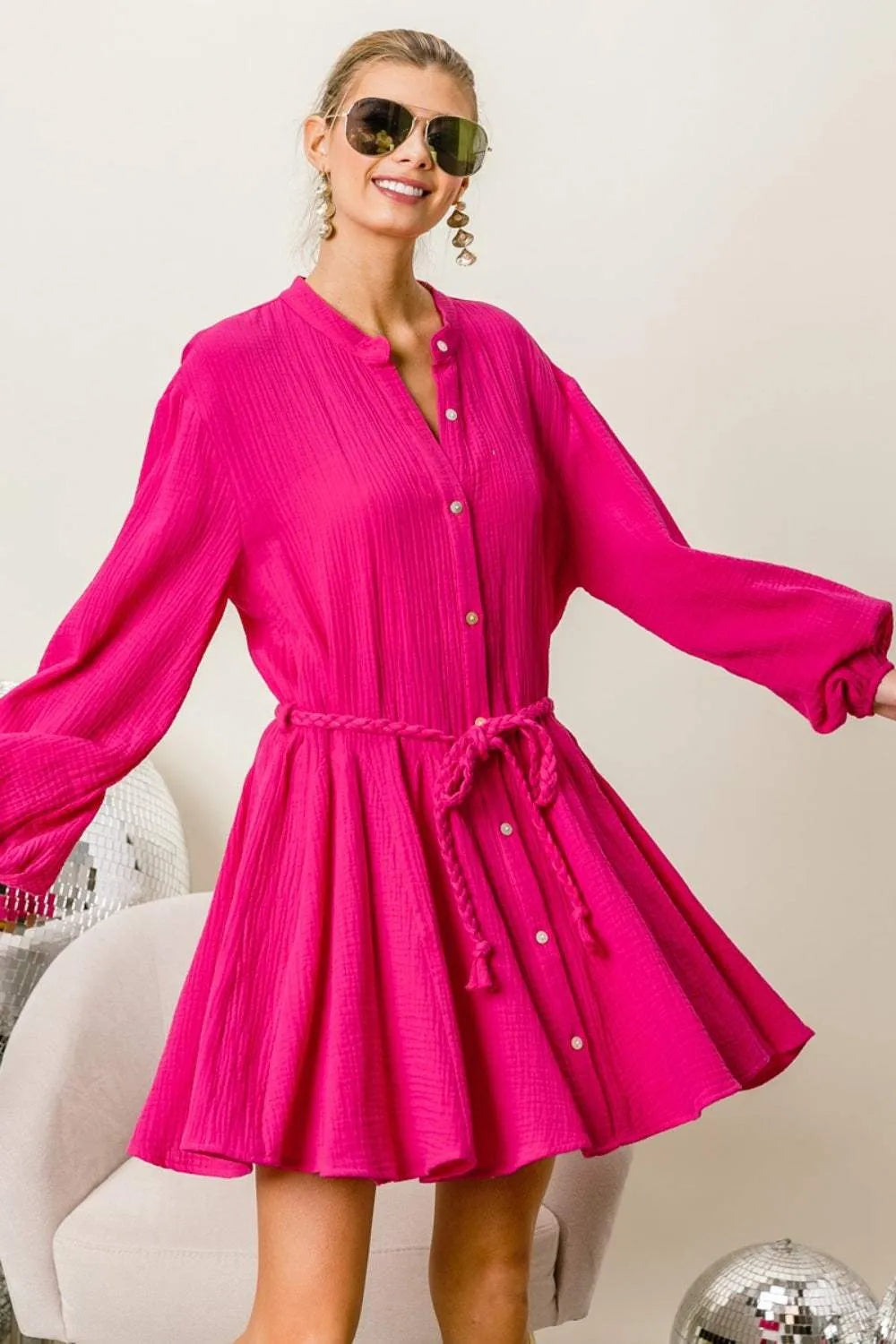 BiBi Button Up Texture Mini Dress with Braid Waist Strap Casual Dresses - Tophatter Daily Deals