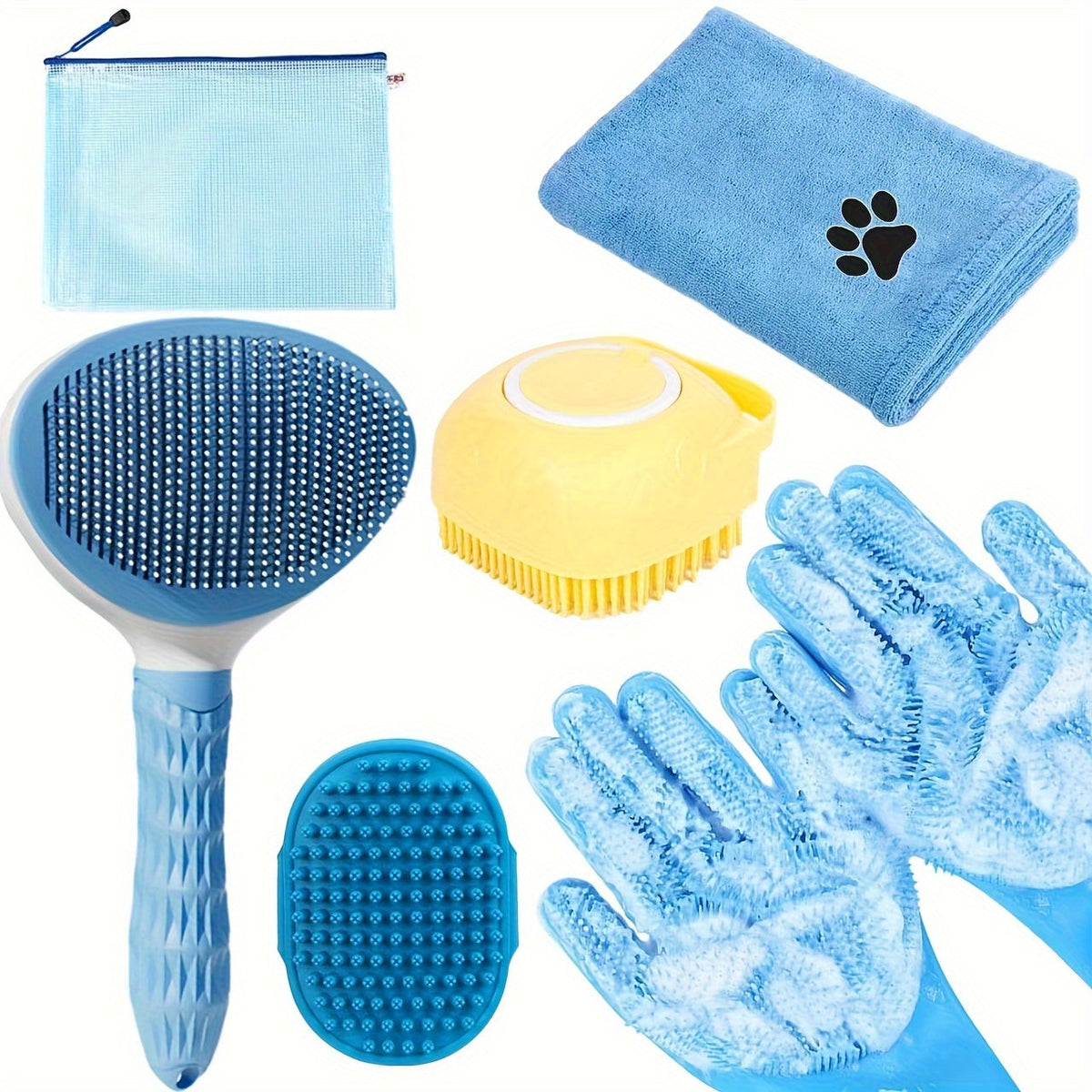 Dog Bath Brush Grooming Kit 6pcs with Gloves & Towel Pet Supplies - Tophatter Daily Deals