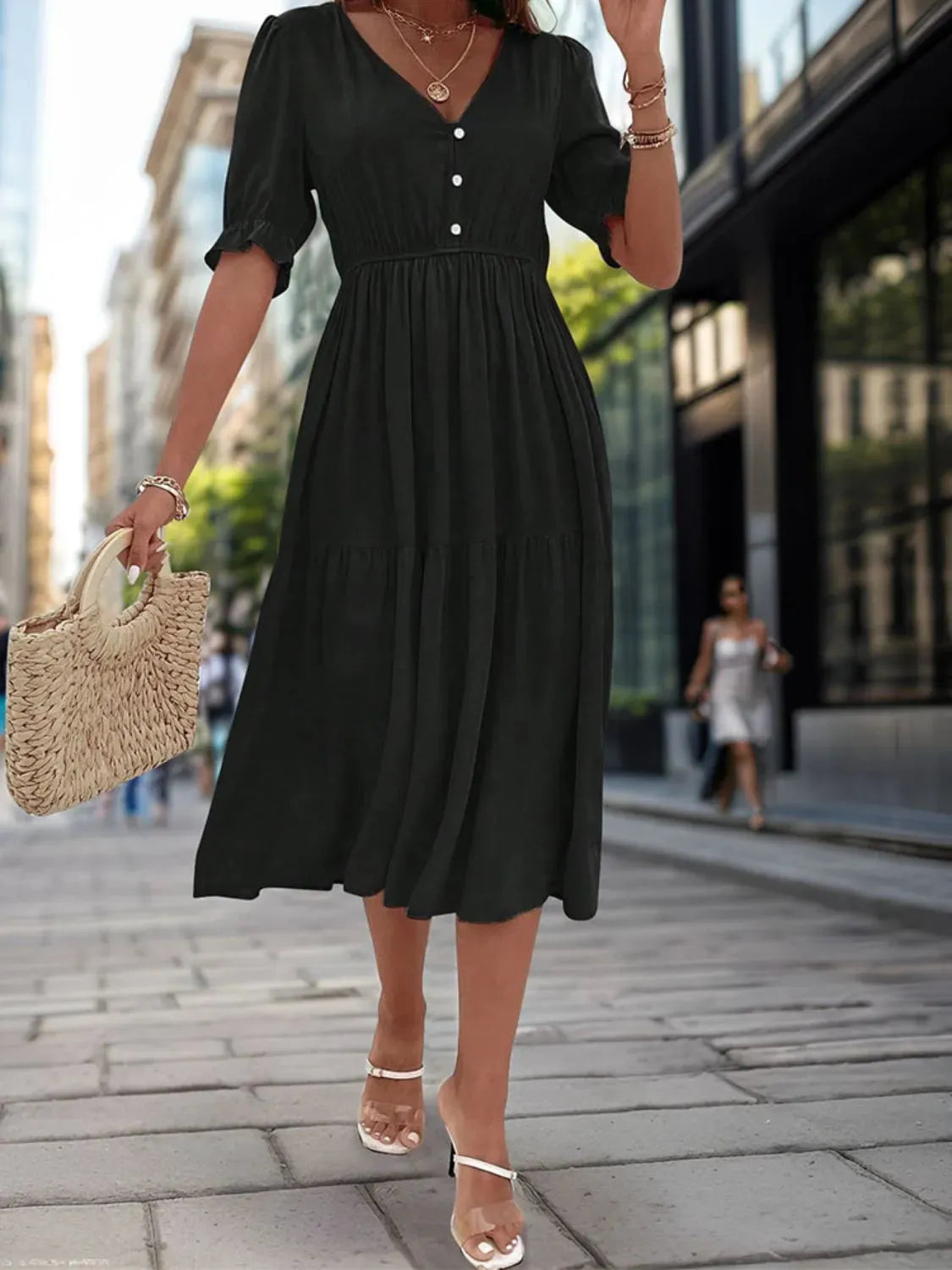 Ruched V-Neck Half Sleeve Midi Dress Casual Dresses - Tophatter Daily Deals