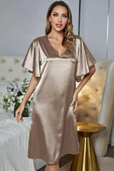 Satin Flutter Sleeve Side Slit V-Neck Night Dress Sleep Dresses - Tophatter Daily Deals