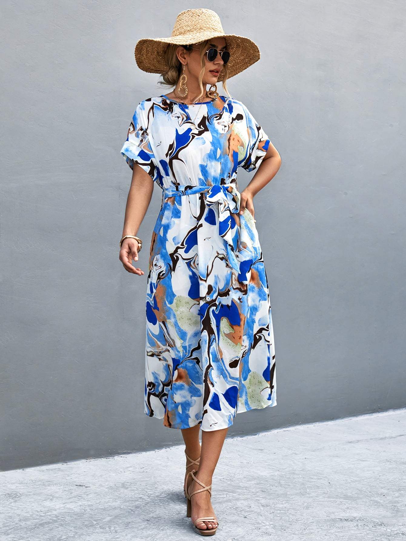 Round Neck Short Sleeve Tie Waist Midi Dress Casual Dresses - Tophatter Daily Deals