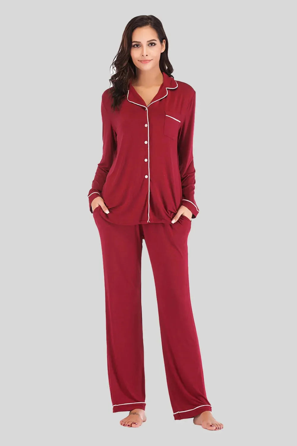 Collared Neck Long Sleeve Loungewear Set with Pockets Loungewear Sets - Tophatter Daily Deals