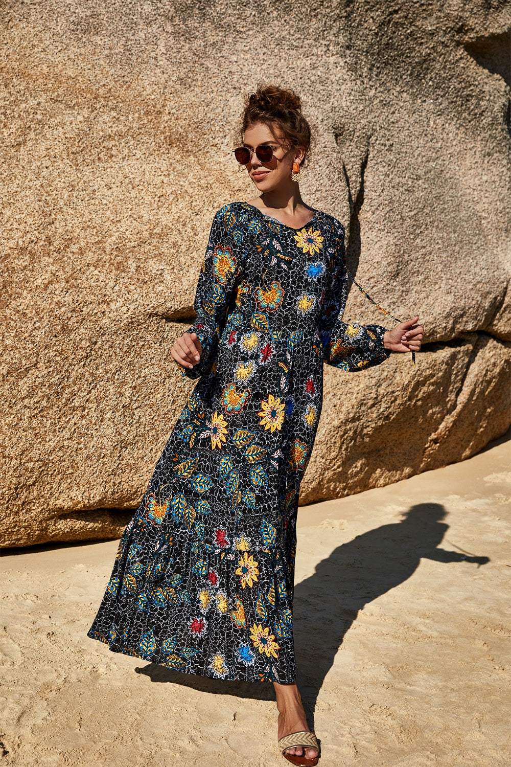 Printed Tie Neck Long Sleeve Dress Casual Dresses - Tophatter Daily Deals