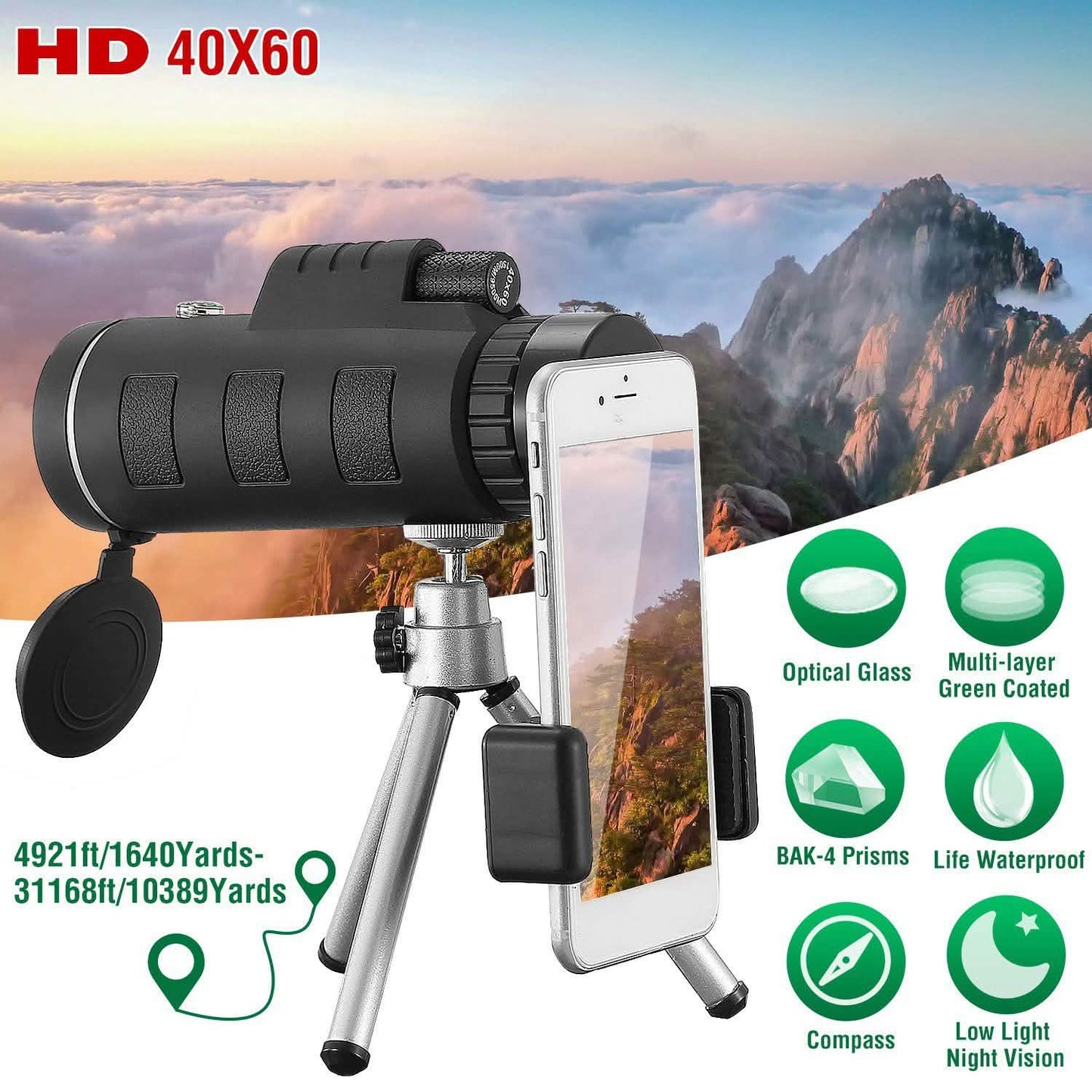 40x60 HD Optical Monocular Telescope with FMC Lens Outdoor Recreation - Tophatter Daily Deals