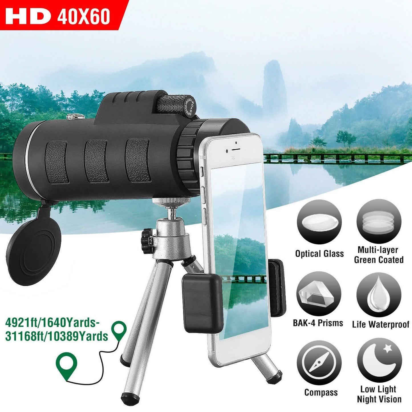 40x60 HD Optical Monocular Telescope with FMC Lens Outdoor Recreation - Tophatter Daily Deals