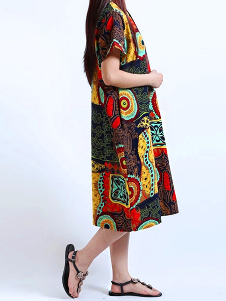 Cotton Women Pattern Printed Short Sleeve O-Neck Dresses Mini Dresses - Tophatter Daily Deals