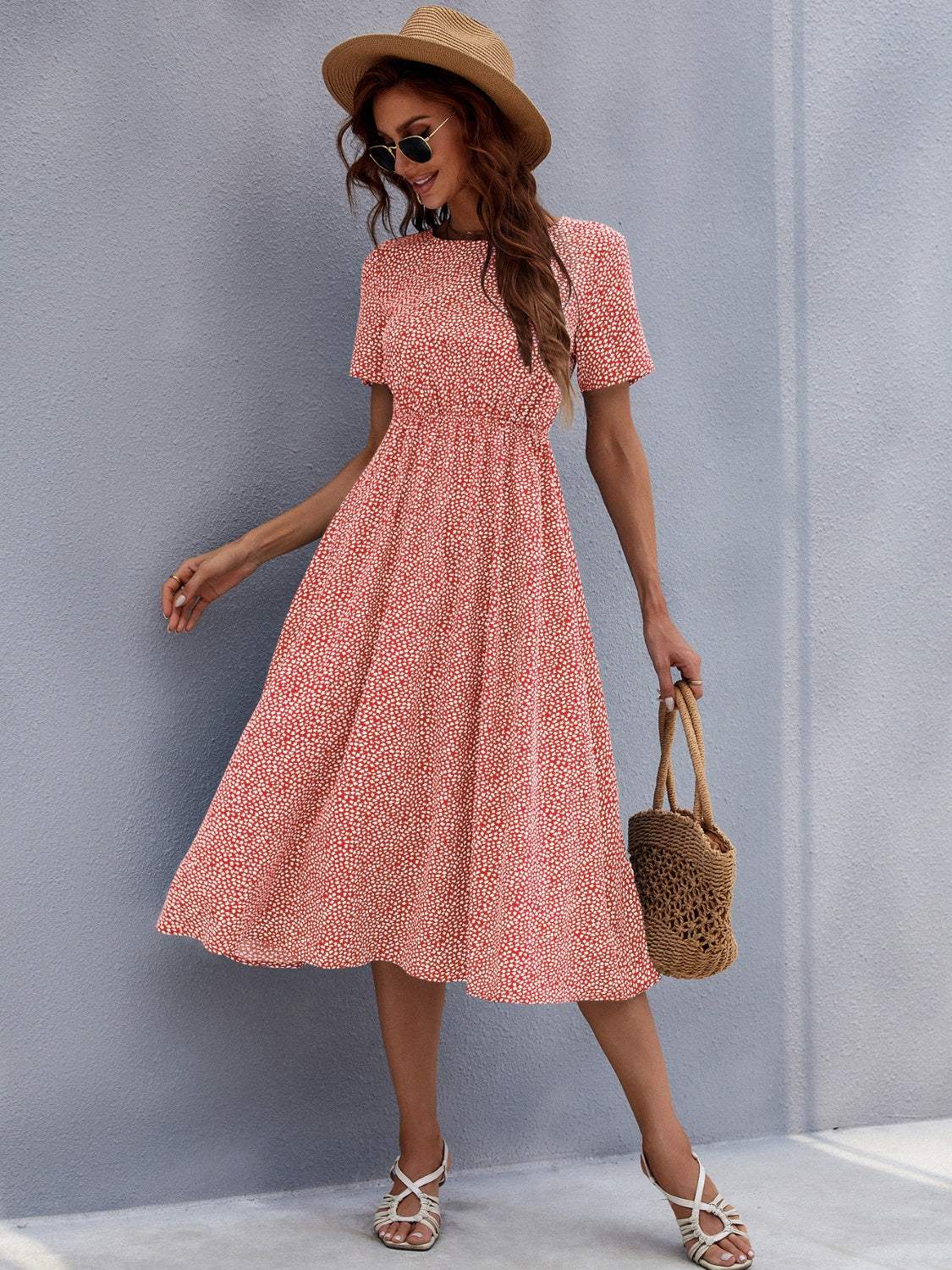 Printed Round Neck Short Sleeve Midi Dress Casual Dresses - Tophatter Daily Deals