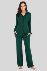 Collared Neck Long Sleeve Loungewear Set with Pockets Green Loungewear Sets - Tophatter Daily Deals