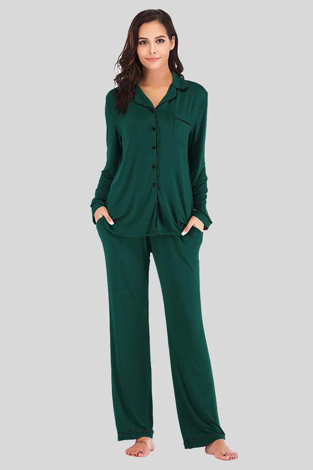 Collared Neck Long Sleeve Loungewear Set with Pockets Green Loungewear Sets - Tophatter Daily Deals