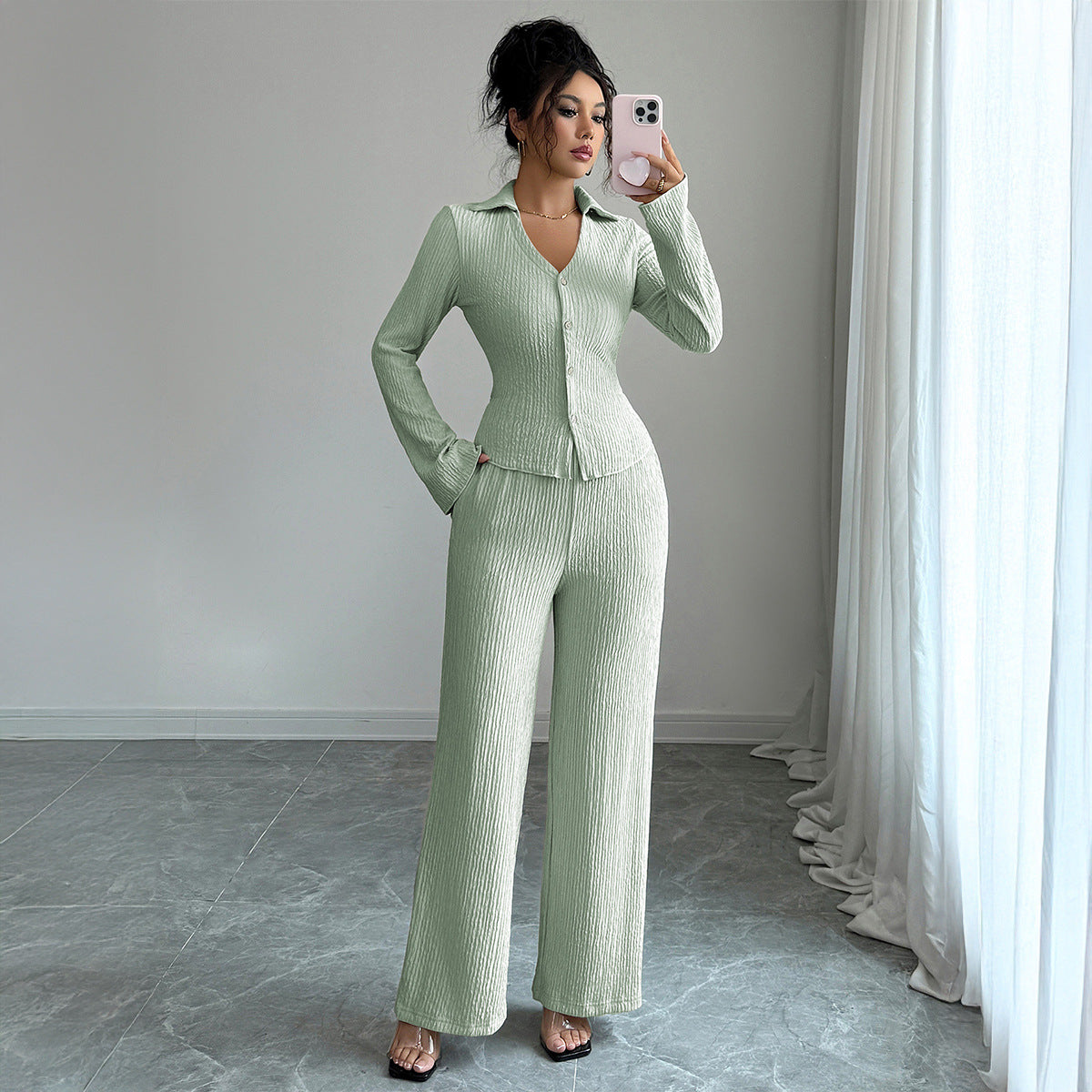 Button Shirt Wide-leg Pants Suit For Women Light Green 0 - Tophatter Daily Deals