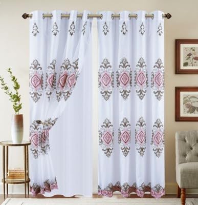 Embroidered Medallion Curtain Set – 2 Panel Window Drapes with Attached Backing & Matching Valance Furniture & Decor - Tophatter Daily Deals
