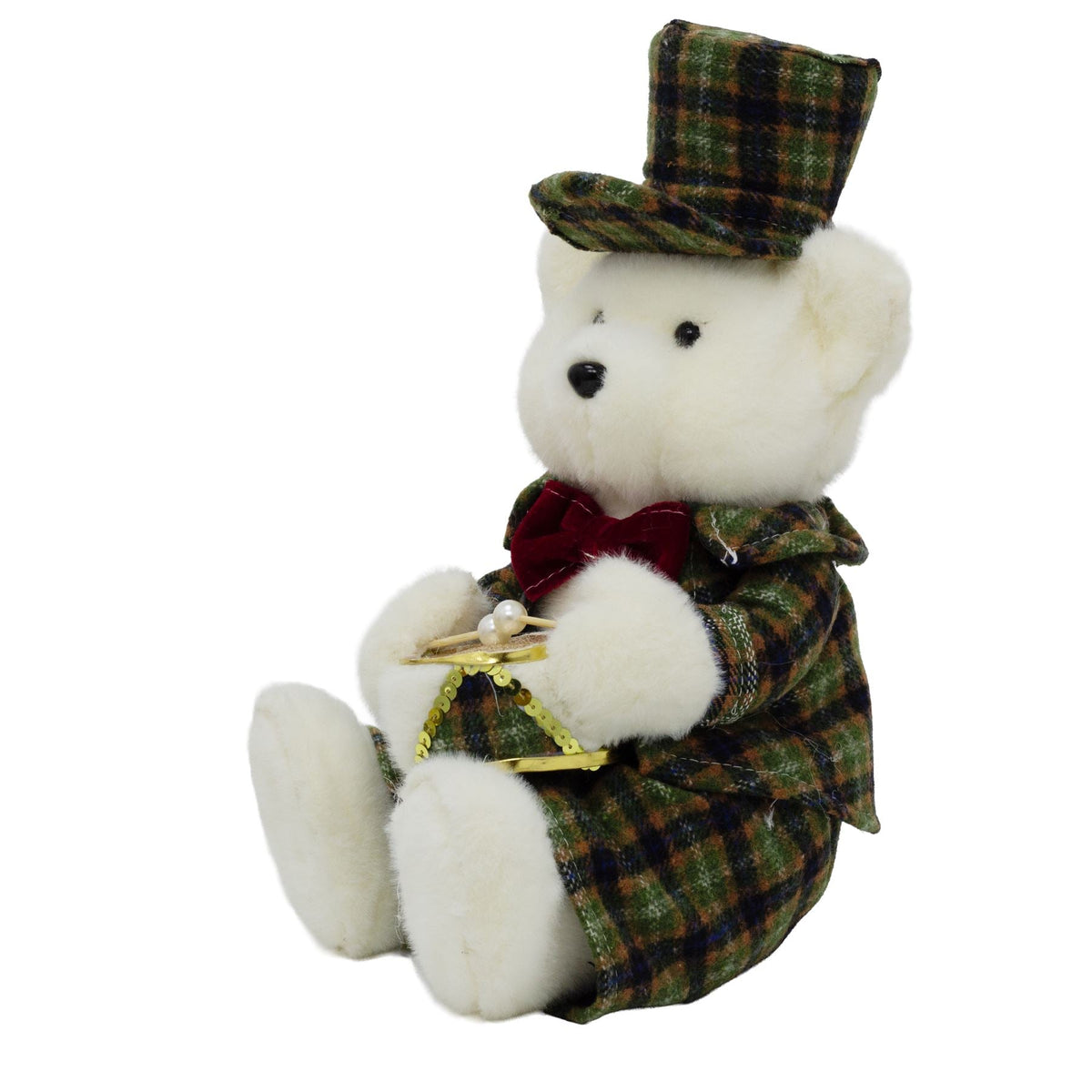 Sitting Christmas Bear Decoration | Fluffy Bear in Tartan Uniform with Drum Ornament - Tophatter Daily Deals