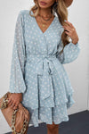 Tied Layered Polka Dot Balloon Sleeve Dress Misty Blue Casual Dresses - Tophatter Daily Deals