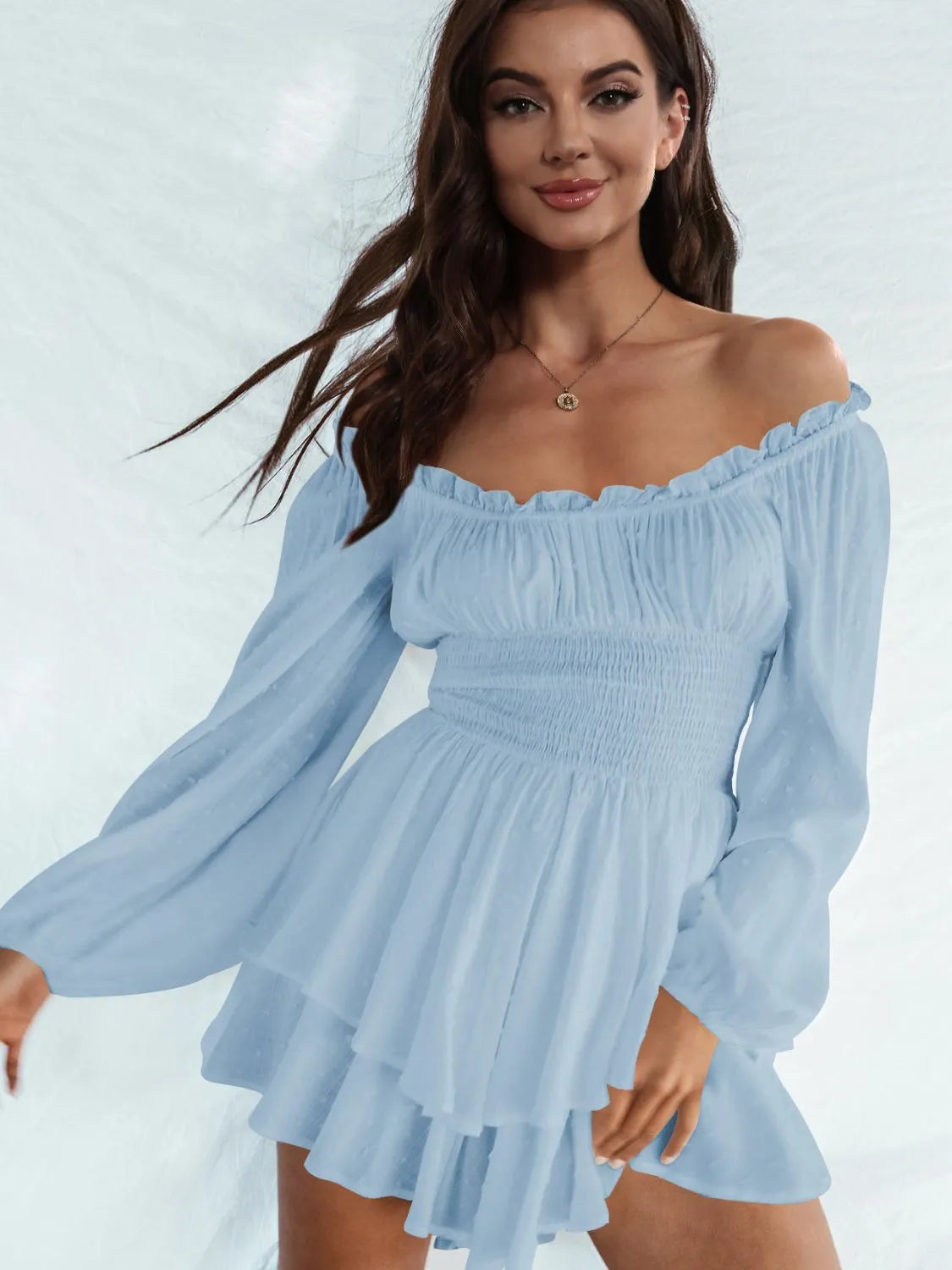 Off Shoulder Smocked Waist Romper Misty Blue Casual Dresses - Tophatter Daily Deals