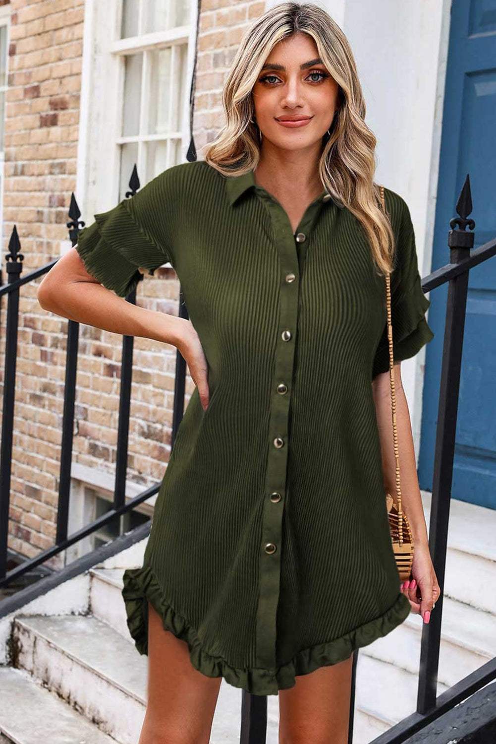 Ruffled Button Up Short Sleeve Dress Casual Dresses - Tophatter Daily Deals