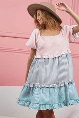 BiBi Square Neck Puff Sleeve Ruffled Hem Tiered Dress Blush Grey Jade Casual Dresses - Tophatter Daily Deals