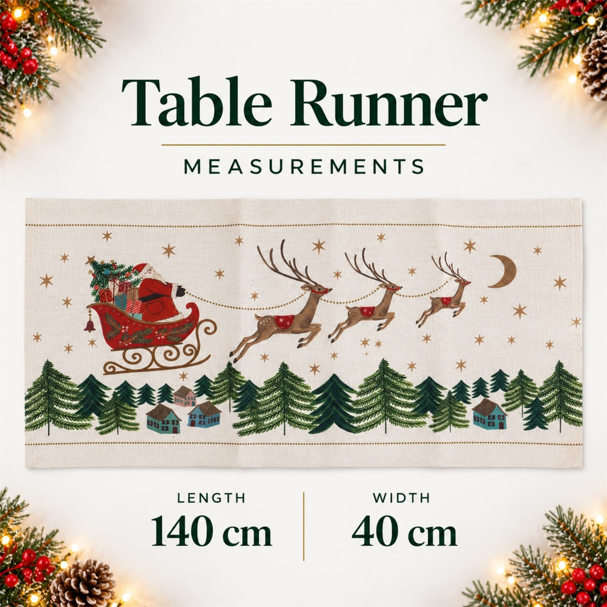 Santa's Sleigh Christmas Table Runner, Gisela Graham Festive Fabric 140cm x 40cm Table Runner - Tophatter Daily Deals