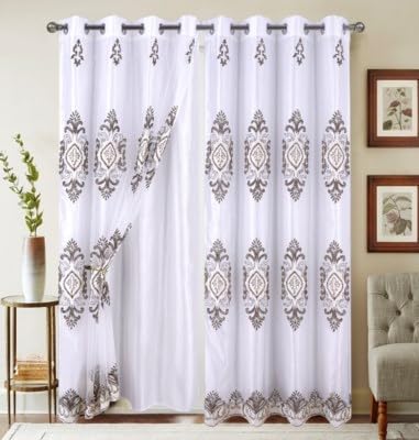 Embroidered Medallion Curtain Set – 2 Panel Window Drapes with Attached Backing & Matching Valance Furniture & Decor - Tophatter Daily Deals