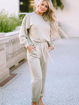 Round Neck Dropped Shoulder Top and Pants Lounge Set Light Gray Loungewear Sets - Tophatter Daily Deals