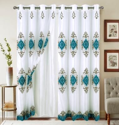 Embroidered Medallion Curtain Set – 2 Panel Window Drapes with Attached Backing & Matching Valance Turquoise Furniture & Decor - Tophatter Daily Deals