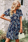 Floral Notched Flutter Sleeve Mini Dress Navy Casual Dresses - Tophatter Daily Deals