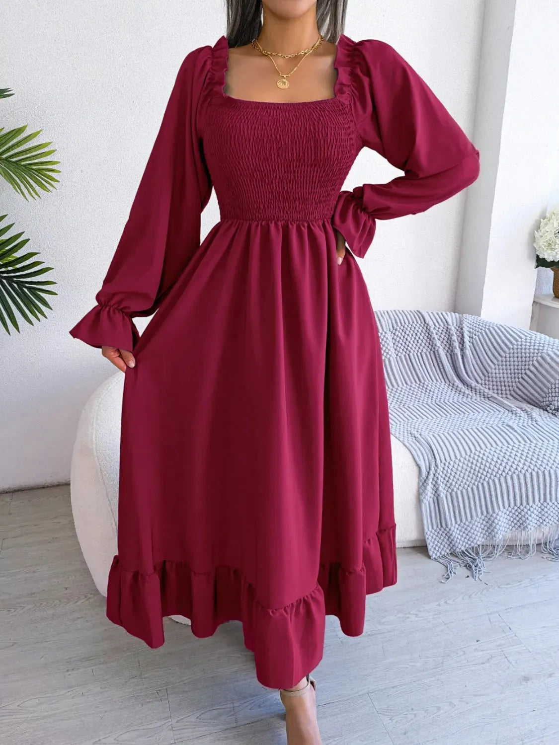 Smocked Square Neck Flounce Sleeve Dress Wine Casual Dresses - Tophatter Daily Deals