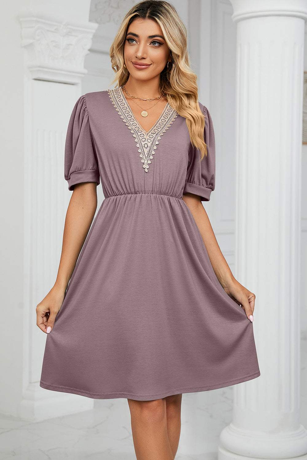 V-Neck Puff Sleeve Dress Lilac Casual Dresses - Tophatter Daily Deals