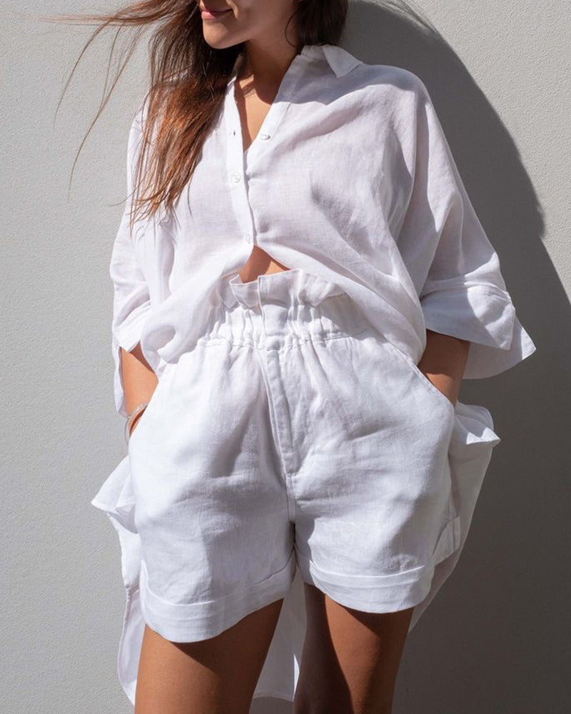 Button-up Shirts Tops Shorts Set White Two Pieces Sets - Tophatter Daily Deals