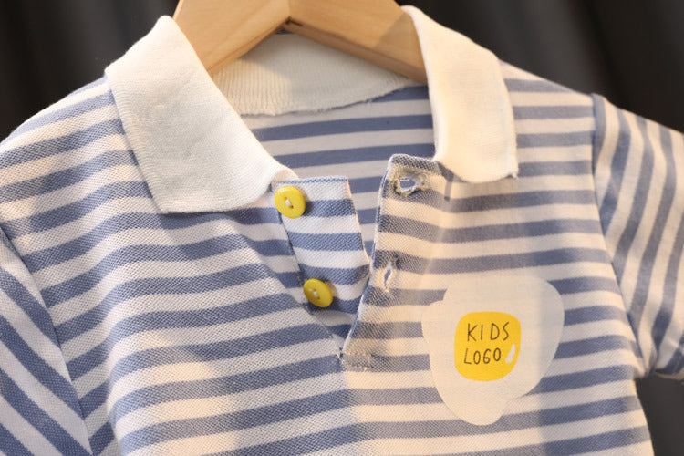 Boys' Summer Cute Stripes Solid Color Short-sleeved Shorts Two-piece Set 0 - Tophatter Daily Deals