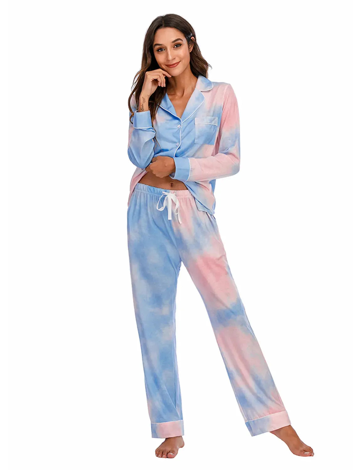 Collared Neck Long Sleeve Loungewear Set with Pockets Loungewear Sets - Tophatter Daily Deals
