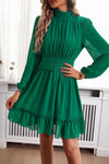 Frill Ruched Mock Neck Balloon Sleeve Dress Casual Dresses - Tophatter Daily Deals